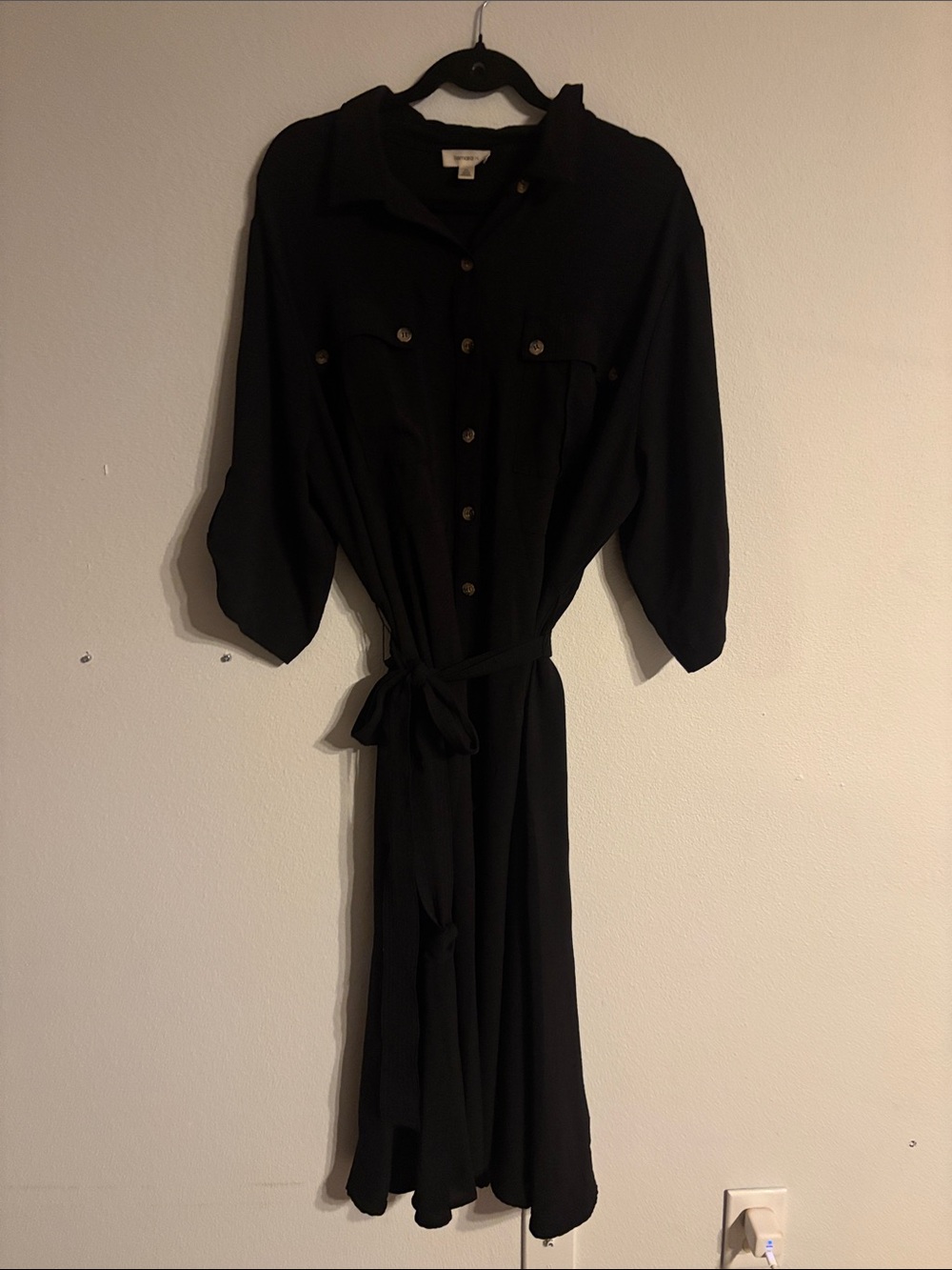 Black Button-Front Midi Shirt Dress with Self-Tie Waist
